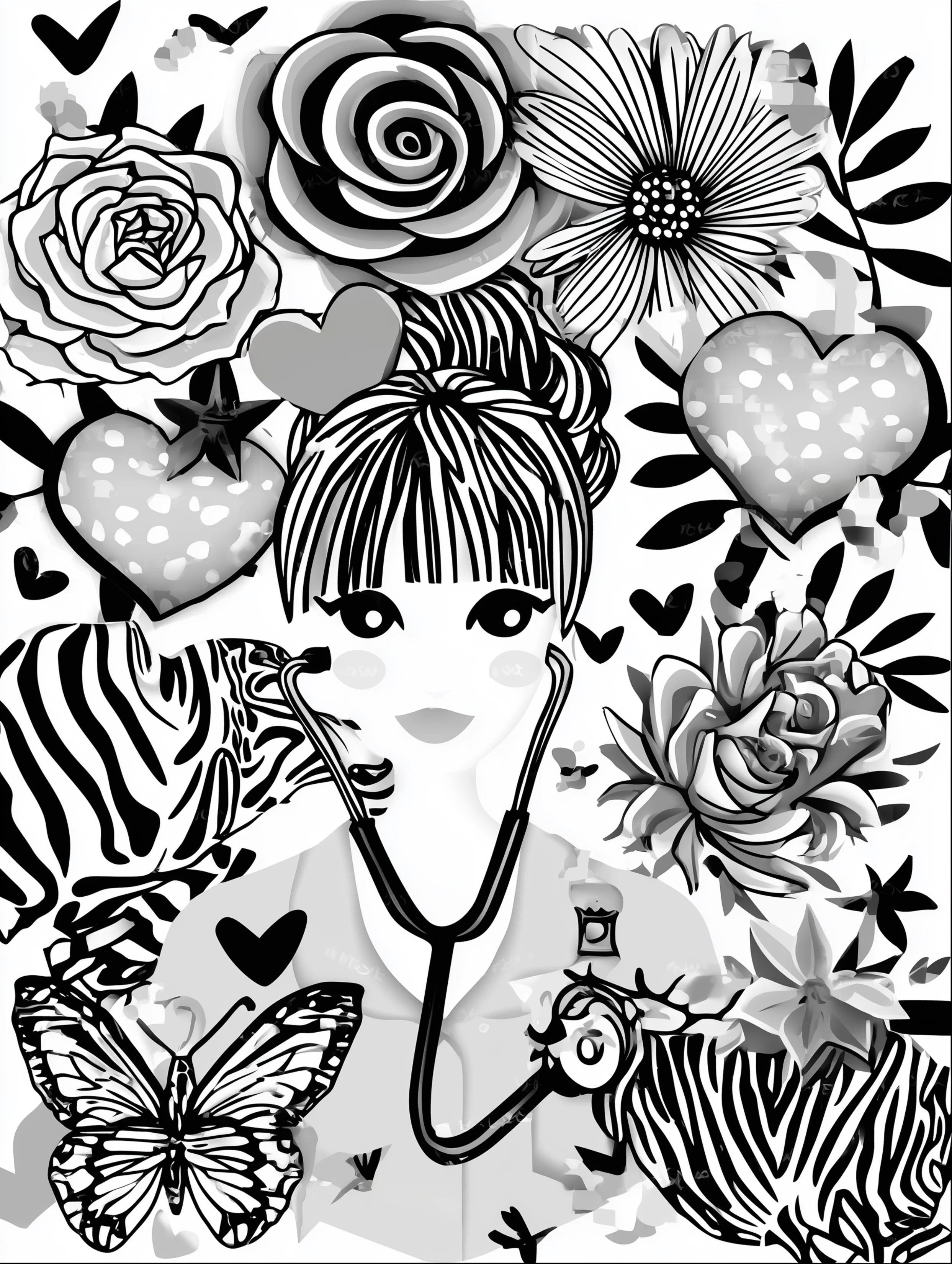 Free printable nursing coloring page for adults featuring a nurse with a stethoscope